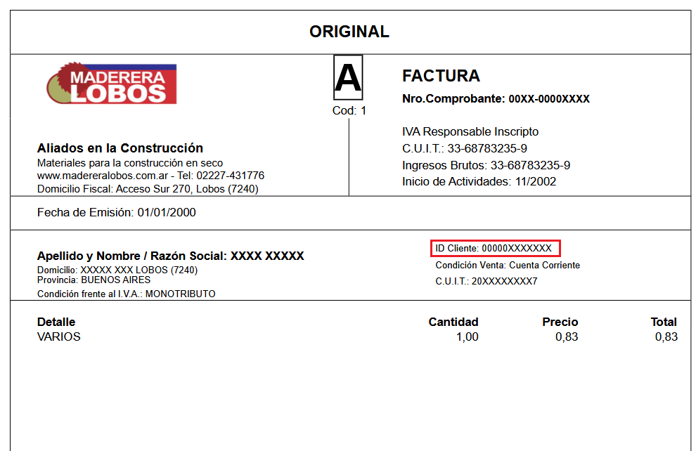 Ejemplo de ubicación del ID Cliente en la factura
